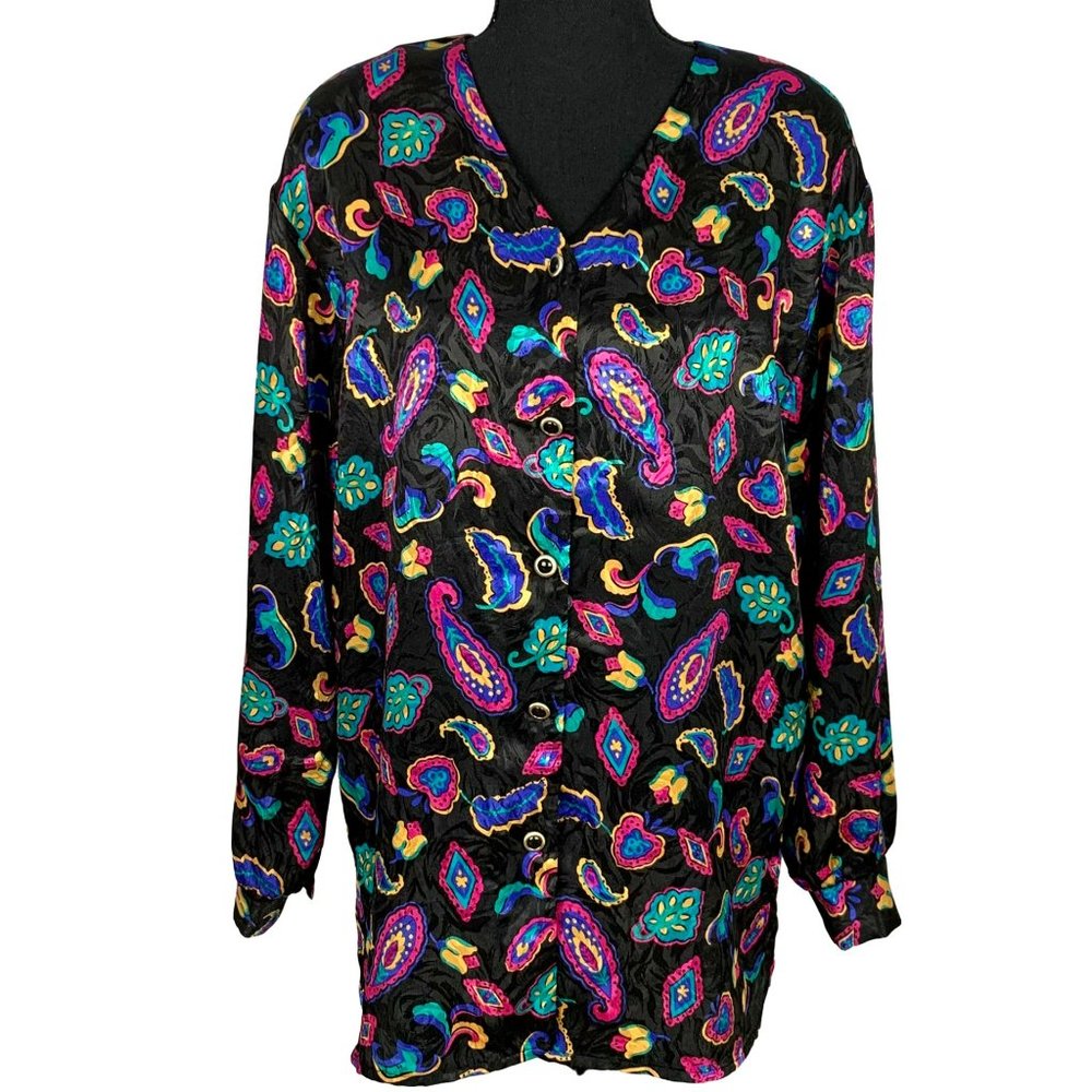 VINTAGE 90s Paisley Long Sleeve Satin Blouse